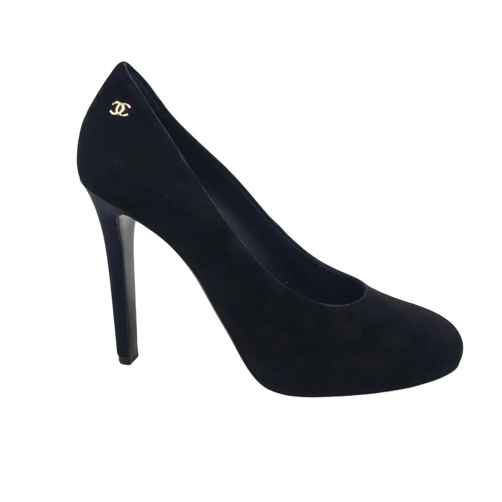 Chanel 2018 Interlocking CC Logo Pumps High Heel Suede Leather Black 39.5 US 9.5